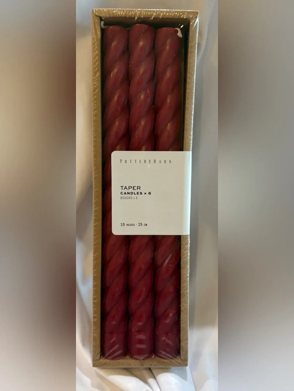POTTERY BARN BOX OF 6 RED TWISTED TAPER CANDLES 10 INCHES x 25 CM NEW NIB